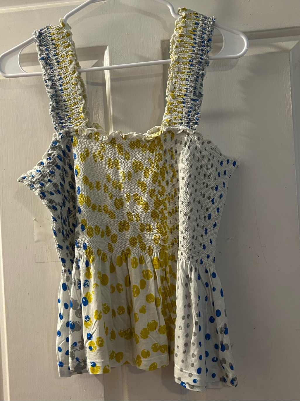 Anthropologie White Smocked Camisole With Yellow & Blue Dot Print